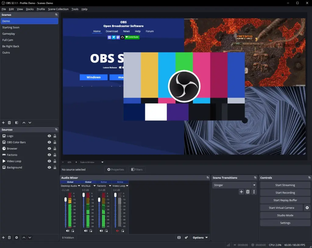 Главное окно OBS Studio: предпросмотр, сцены, источники и элементы управления